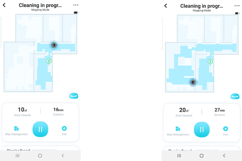 Der gereinigte Bereich wird in der Yeedi App blau markiert